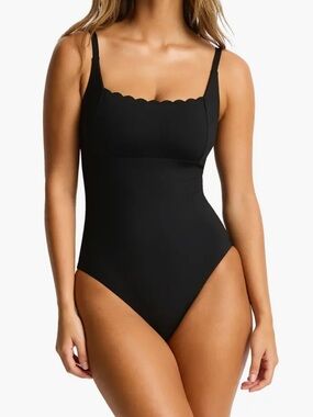 Scallop-Neck Black One-Piece Swimsuit